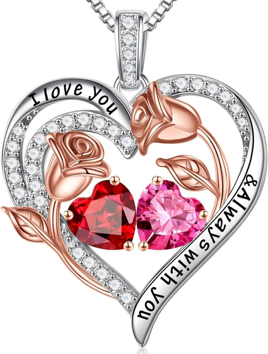 Iefil Birthstone Necklace for Women - 925 Sterling Silver Rose Heart Birthstone Necklace Birthday Anniversary Jewelry Gifts for Her Wife Mom Daughter