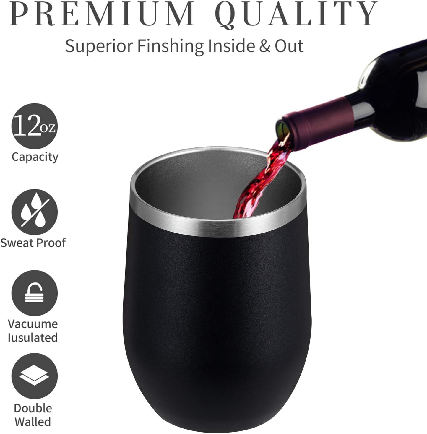 MEWAY 12oz/12 Pack Wine Tumbler Glasses with Lid -Double Wall Vacuum Stainless Steel Travel Tumbler Mug,Stemless Insulated Wine Cup for,Coffee,Cocktails,Gifts (Black,Set of 12)