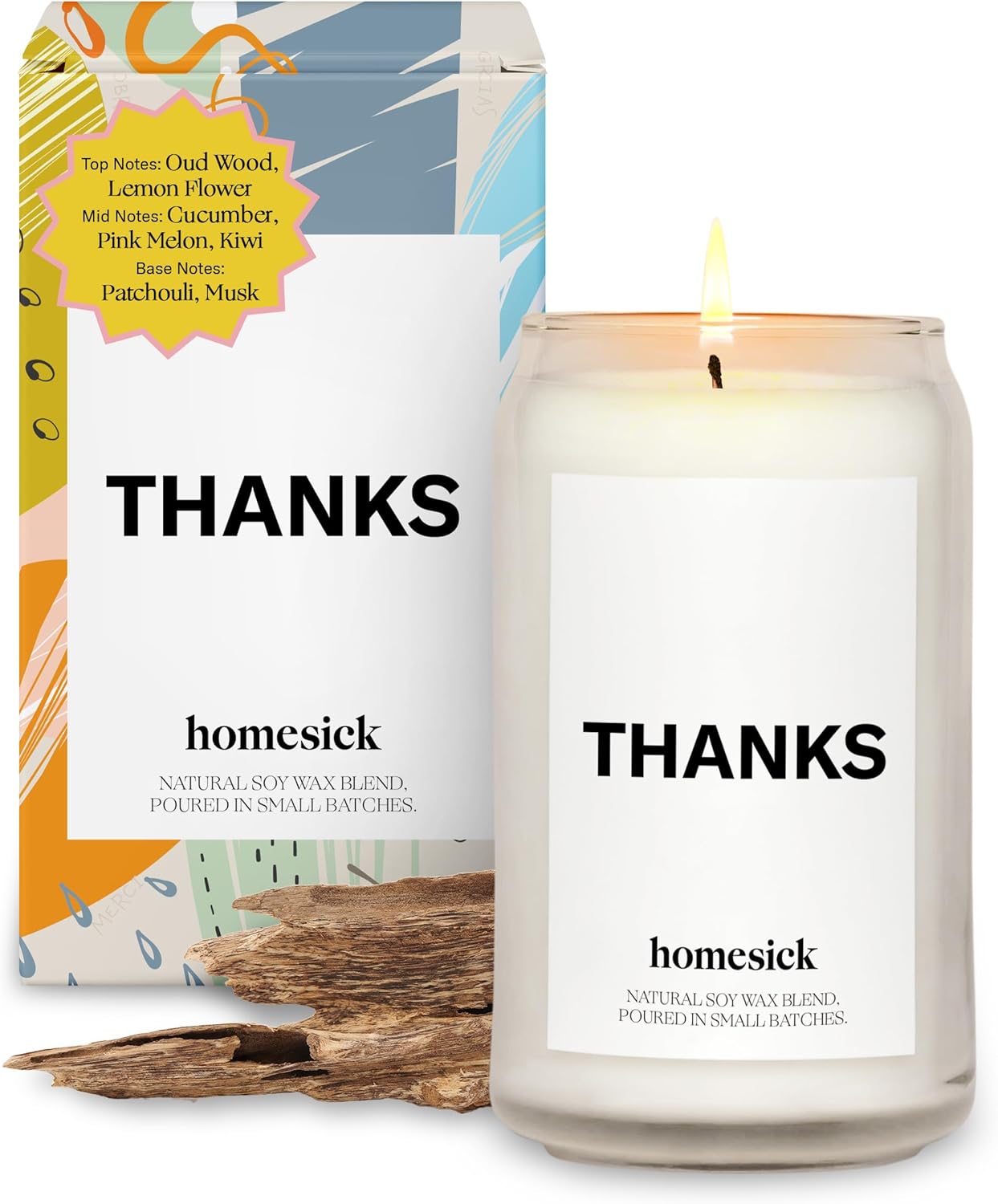 Homesick Scented Candles for Home (Thanks) - 13.75 oz Long-Lasting Soy Wax Blend Jar Candle Gifts for Women for All Occasions, 60-80 Hours Burn Time - Notes of Cucumber, Lemon & Patchouli
