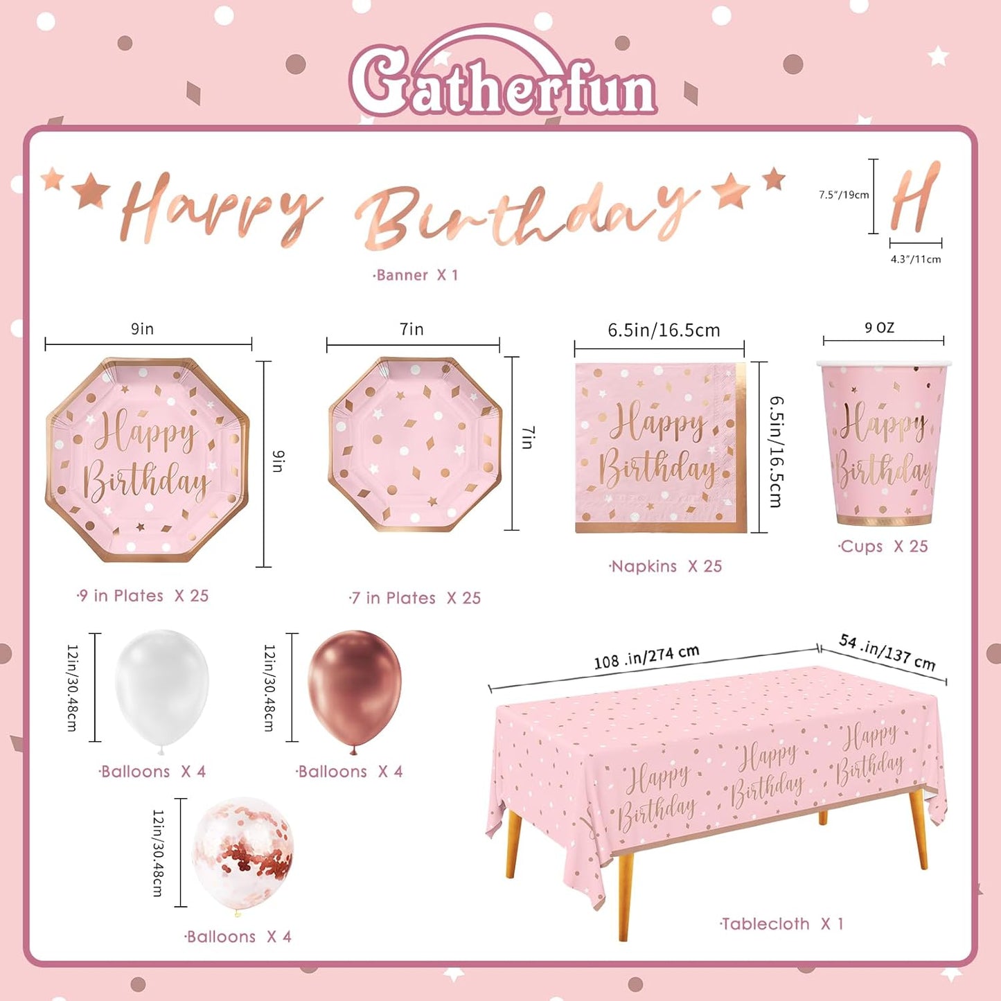 Rose Gold Birthday Party Supplies - Disposable Paper Plates, Napkins, Cups, Tablecloth & Banner for Girl/Women Celebration, Serves 25 - Decorate with Our Rose Gold Plates and Napkins Set