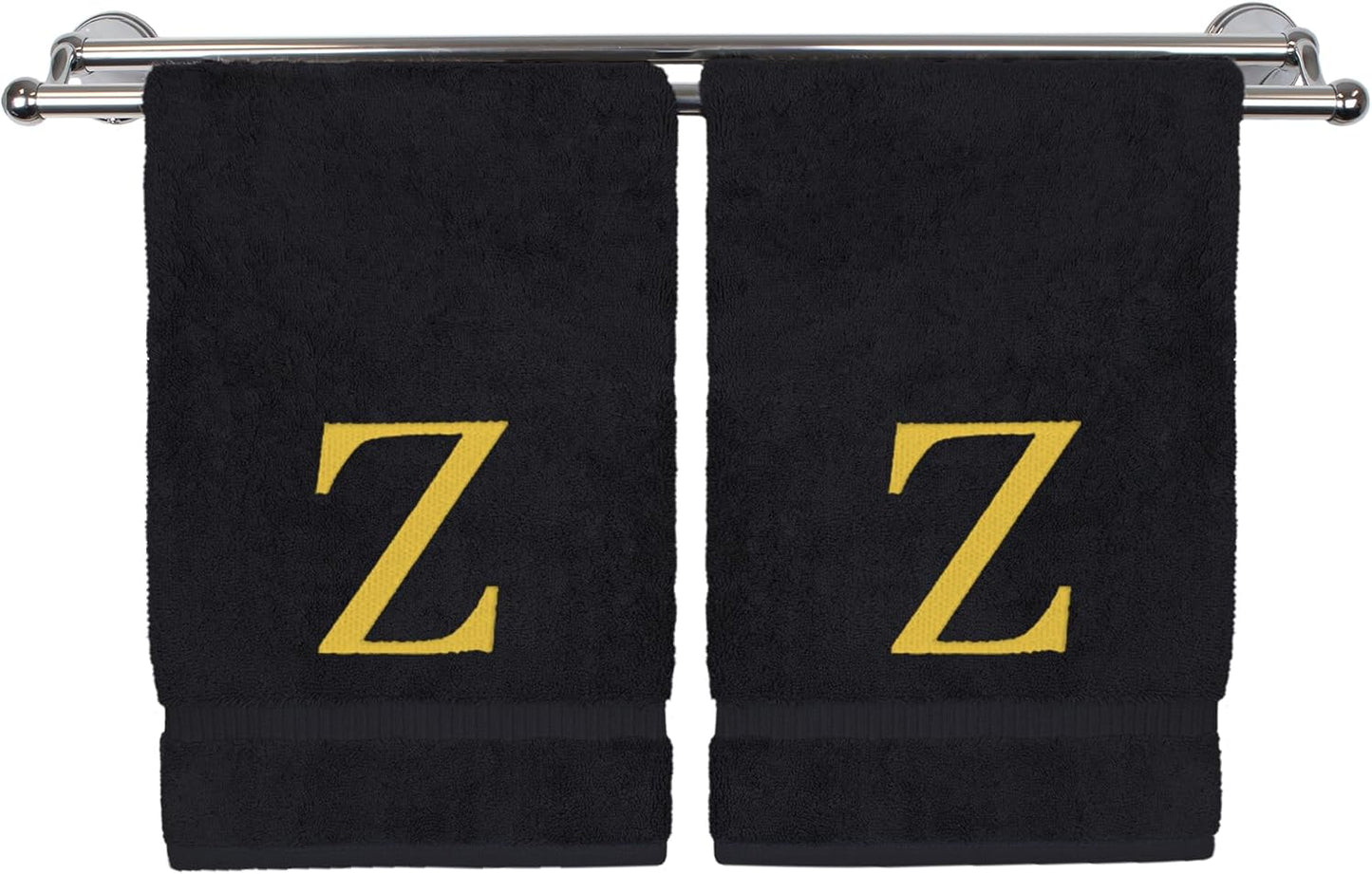 Monogrammed Hand Towel, Personalized Gift, Set of 2- Gold Block Letter Embroidered Towel - Extra Absorbent 100% Turkish Cotton - Soft Terry Finish - Initial Z Black