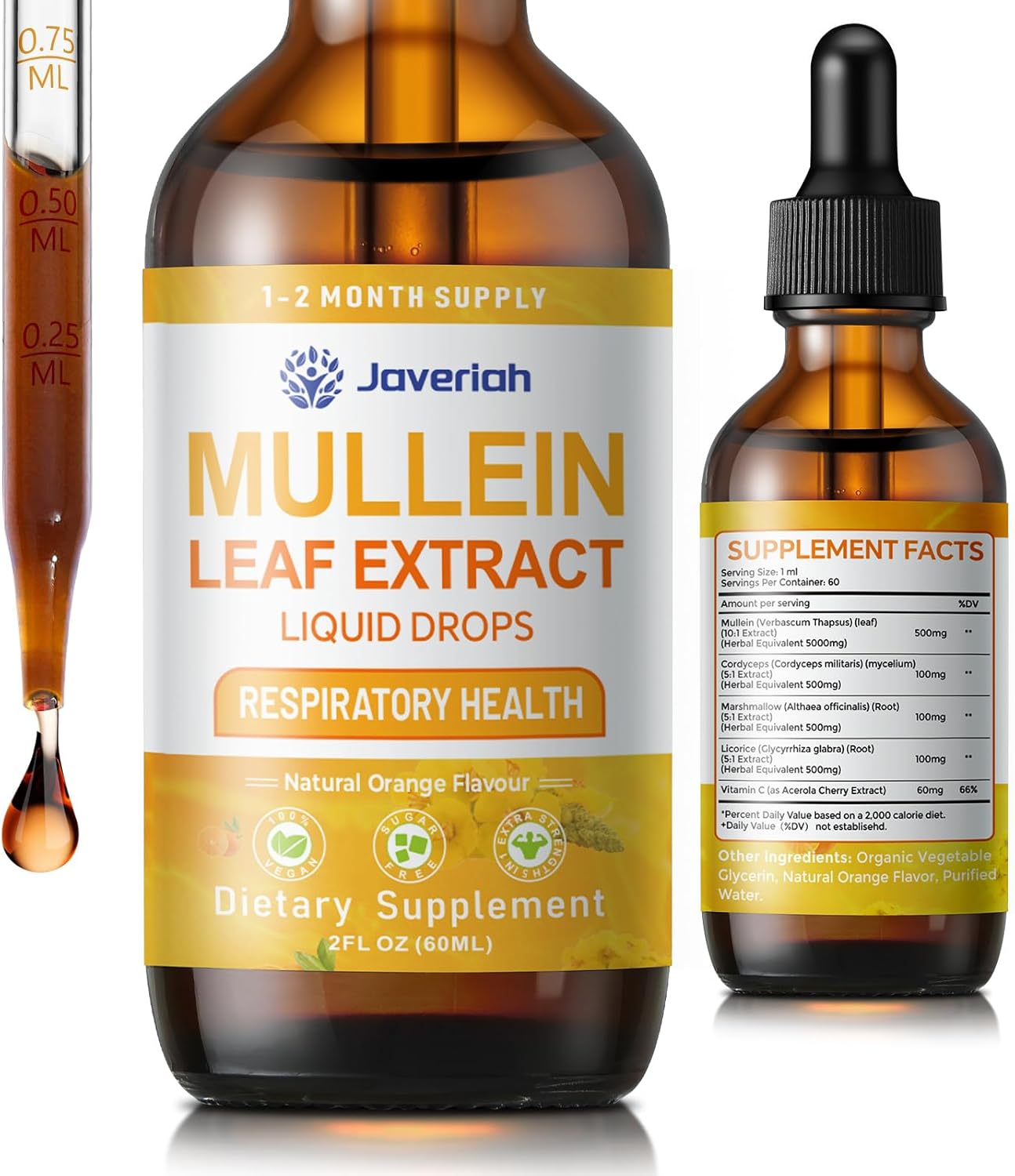 Mullein Drops for Lungs Cleanse - Cordyceps, Marshmallow Root & Licorice Root Extract, Respiratory Herbal Supplement with Mullein Leaf Extract for Immune Support & Bronchial Cleanse, 2 Fl Oz