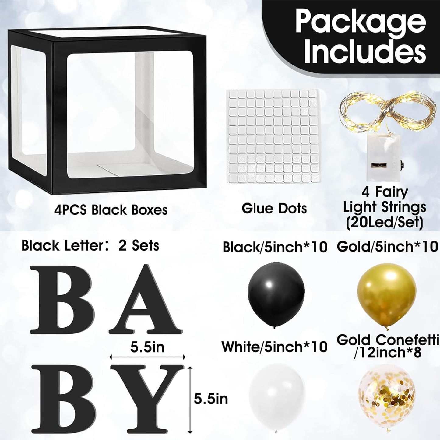Ledido Baby Boxes with Letters for Baby Shower Decoration, 4 pcs Clear Baby Balloon Boxes Blocks with LED Fairy String Lights 38 Balloons for Boy Girl Gender Reveal Birthday Party (Black)