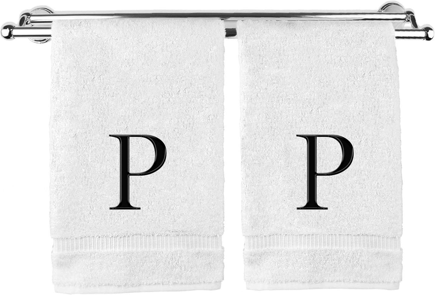Monogrammed Hand Towel, Personalized Gift, Set of 2- Black Block Letter Embroidered Towel - Extra Absorbent 100% Turkish Cotton - Soft Terry Finish - Initial P White