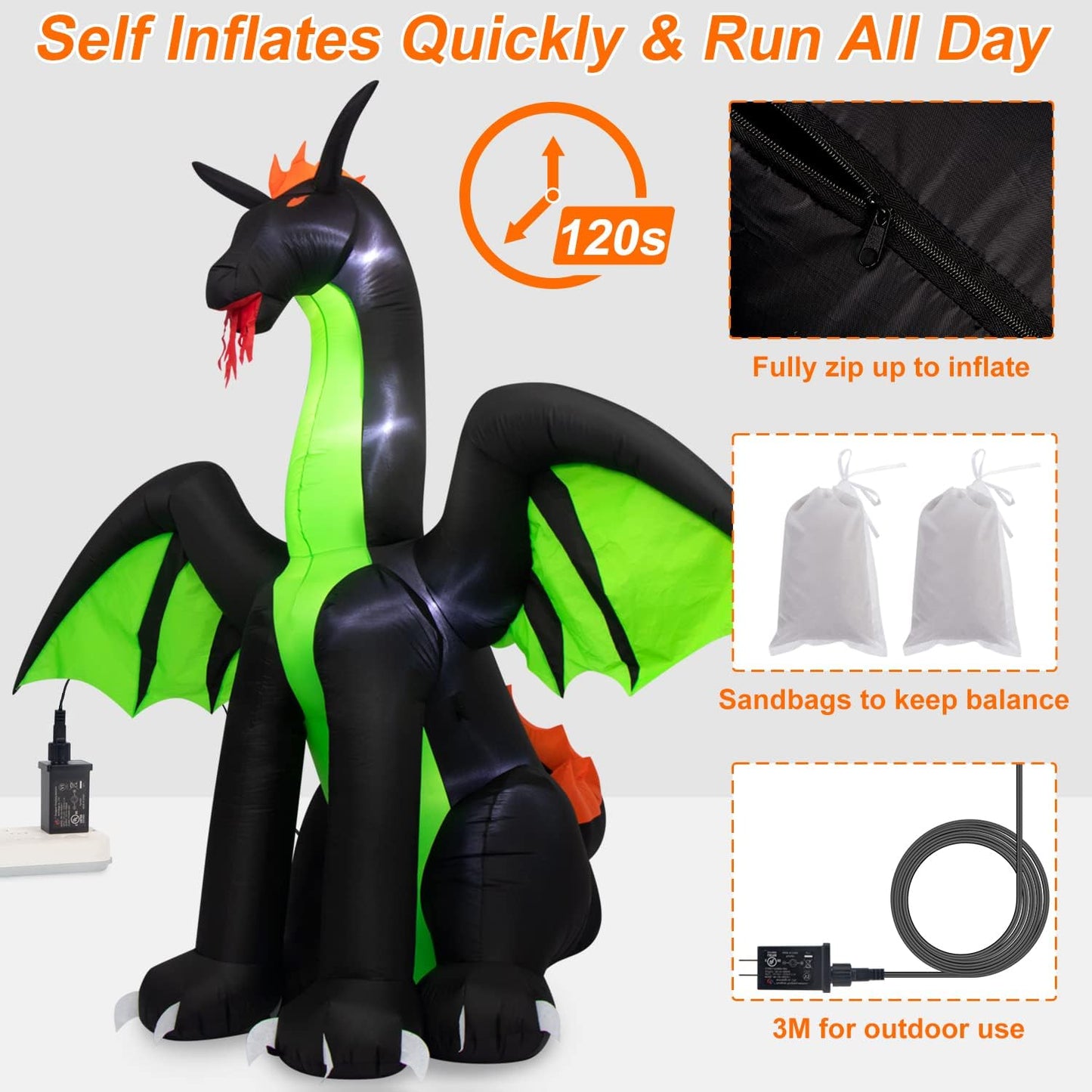 Halloween Inflatables 9FT Giant Inflatable Dragon Halloween Decorations with Wings, Built-in LEDs Halloween Blow Up Yard Decorations for Outdoor Indoor Party Garden Lawn Decor