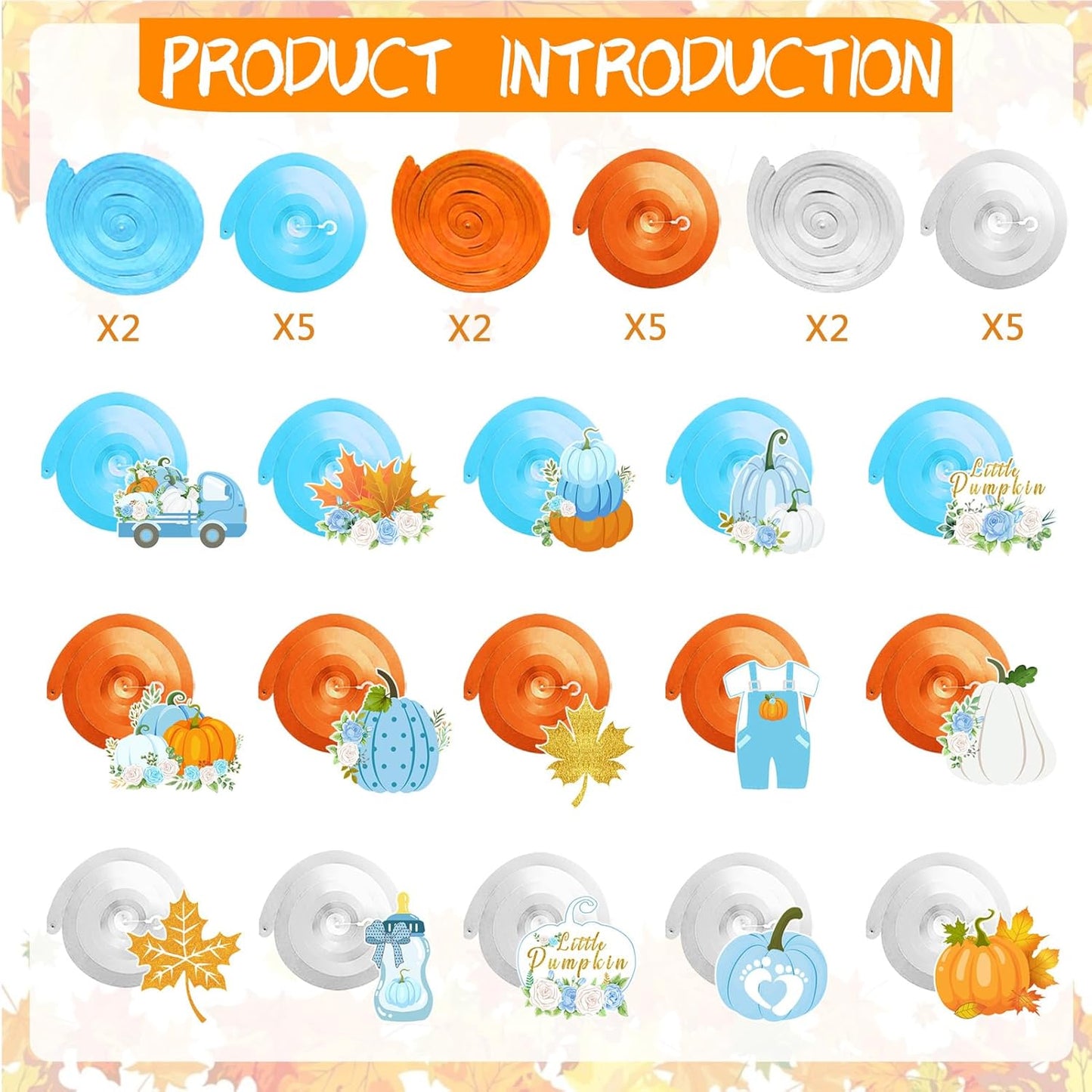 36pcs Thanksgiving Little Pumpkin Party Hanging Swirls Decor,Blue Boy Little Pumpkin Thanksgiving Hanging Swirls, Fall Themed Maple Leaf Pumpkin Truck Ceiling Swirl for Boy Birthday Party Decorations