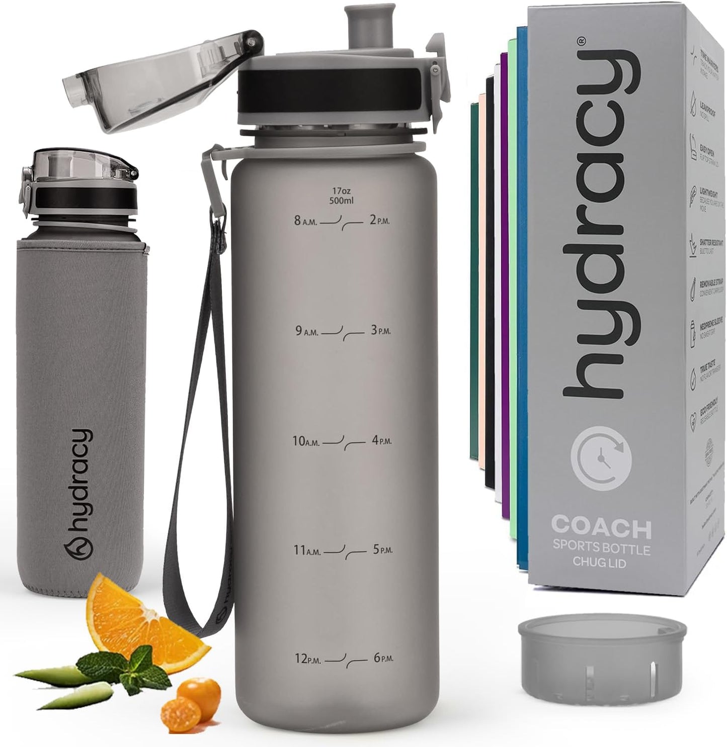 Hydracy Water Bottle with Time Marker -Large BPA Free Water Bottle & No Sweat Sleeve -Leak Proof Gym Bottle with Fruit Infuser Strainer & Times to Drink -Ideal for Fitness Sports & Outdoors