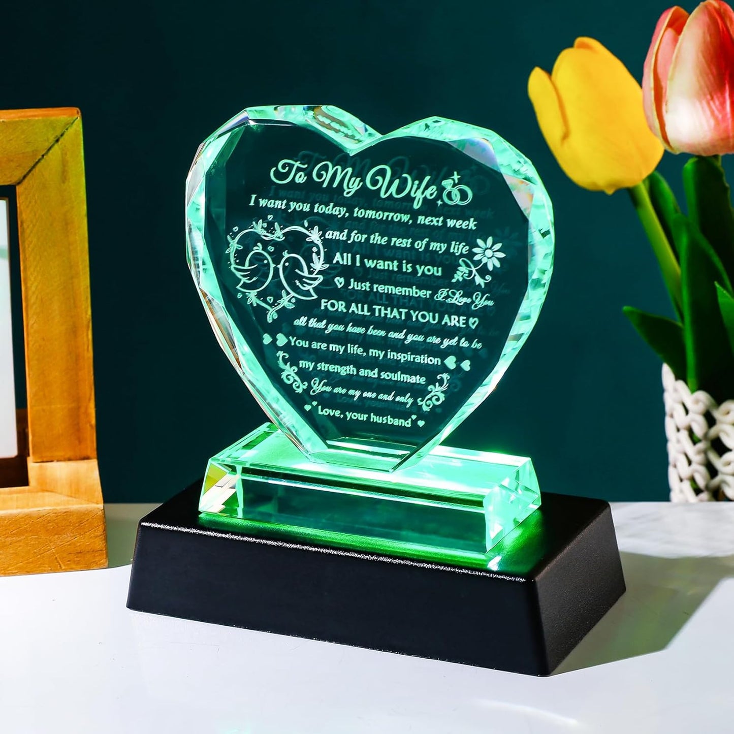 YWHL Gifts for Wife from Husband Birthday Gifts for Wife Crystal Keepsake Anniversary Present with Colorful LED Base Romantic I Love You Gift for Her on Valentines Mothers Day Christmas