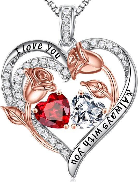 Iefil Birthstone Necklace for Women - 925 Sterling Silver Rose Heart Birthstone Necklace Birthday Anniversary Jewelry Gifts for Her Wife Mom Daughter