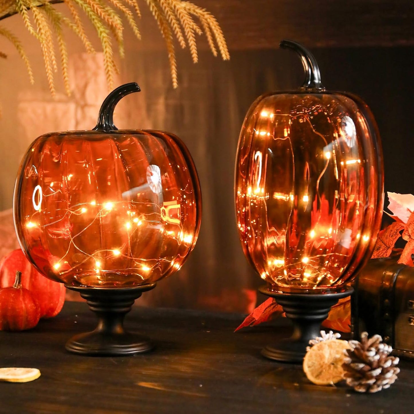 Glass Pumpkin Lights with Warm Yellow LED String, Set of 2 – 13.4” & 11.8” Tall Amber Glass Pumpkins for Fall, Halloween, Thanksgiving Table Centerpiece, Indoor Autumn Home Decor