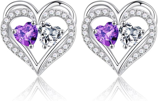 Iefil Birthstone Earrings for Women - 925 Sterling Silver Heart Earrings Anniversary Birthday Gifts for Women Wife Girlfriend Mom