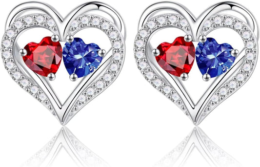 Iefil Birthstone Earrings for Women - 925 Sterling Silver Heart Earrings Anniversary Birthday Gifts for Women Wife Girlfriend Mom