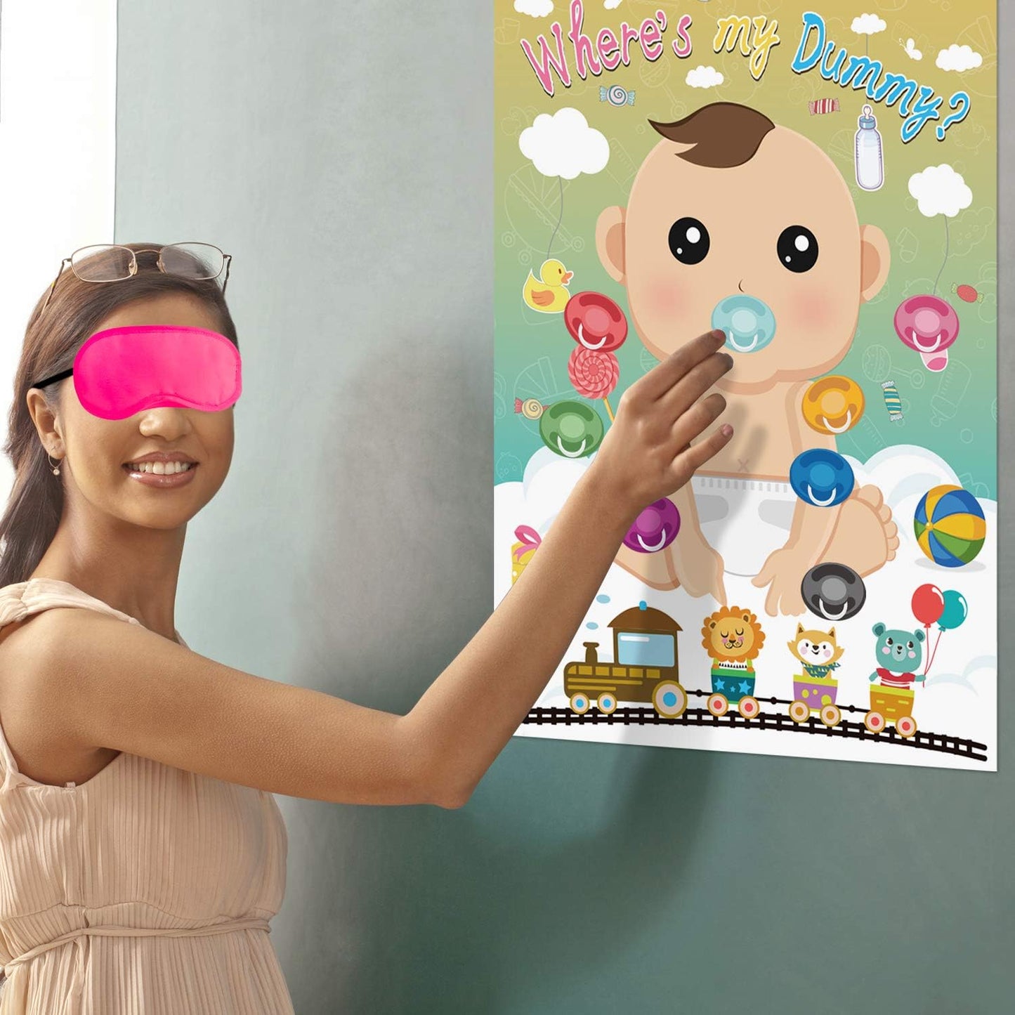 Fepito Baby Shower Party Games - Pin The Dummy On The Baby Game with 24pc Pacifier Stickers