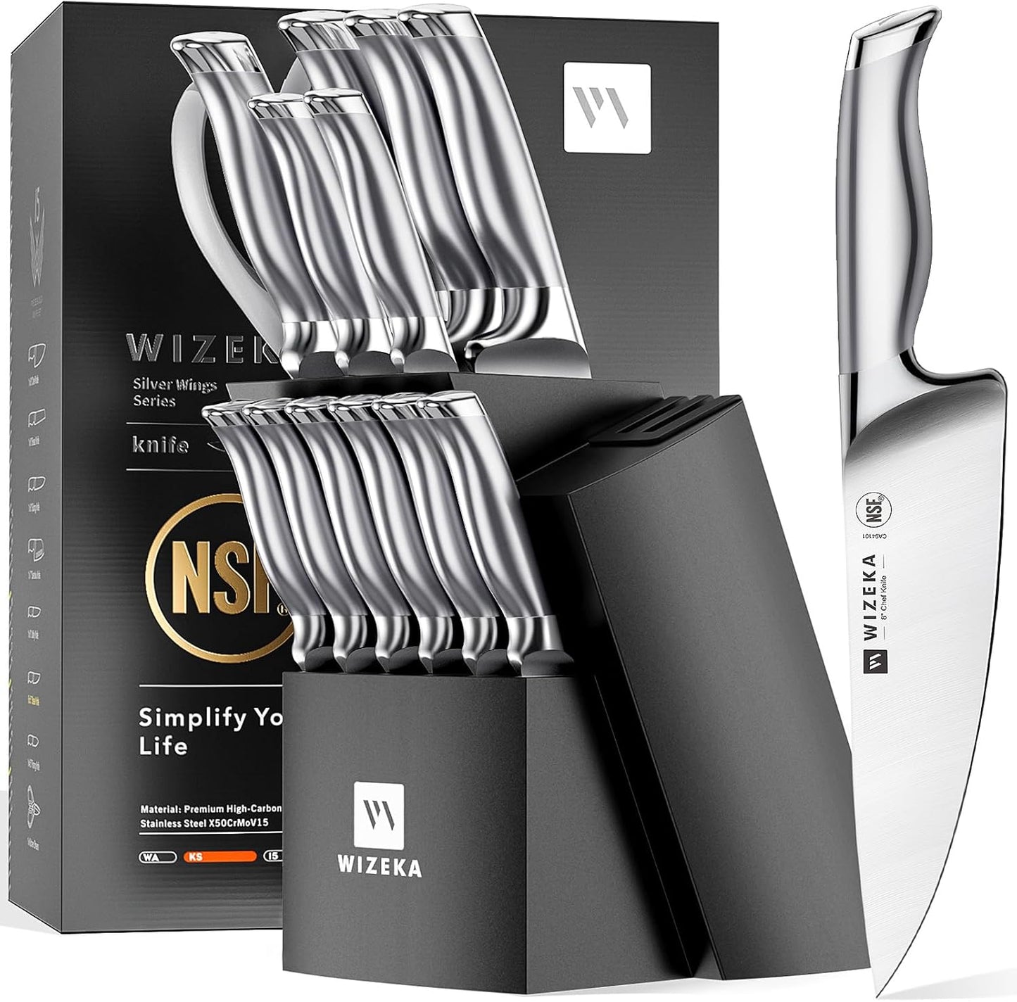 Kitchen Knife Set with Block: 15PCS Easy-Care Knife Block Set with Sharpener, One-Piece German Stainless Steel Kitchen Knives, Silver Wings Series
