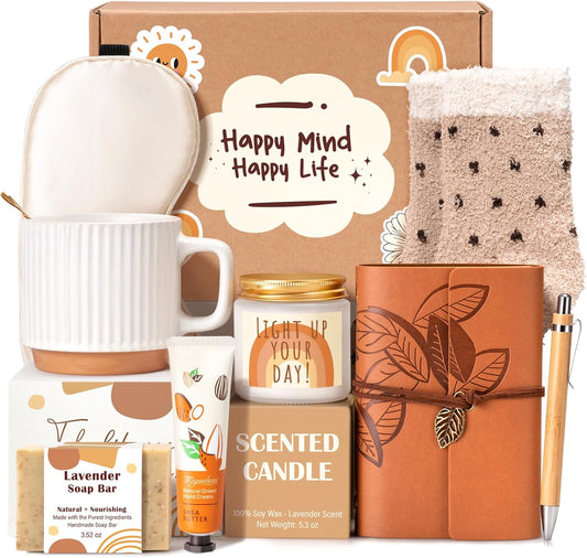 Gift Baskets for Women, 9pcs Unique Happy Birthday Gifts for Women, Thank You Basket Christmas Ideas Box w/ Coffee Mug Her Mom Friend Teacher Coworker, Best Employee Appreciation Gifts