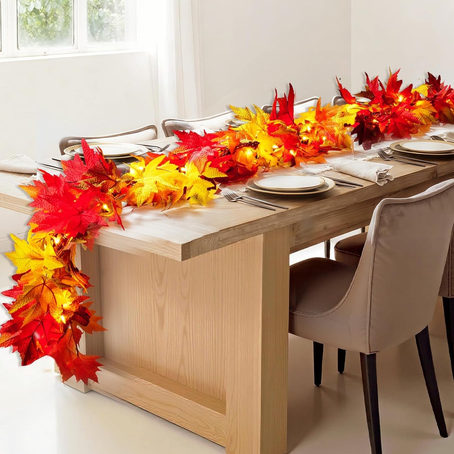 9FT Fall Decorations for Home Large Leaves Fall Garland with Lights Plug in 50 Bulbs Connectable Thanksgiving Garland String Lights for Outdoor Indoor Harvest Fireplace Fall Decor(1 Pack)