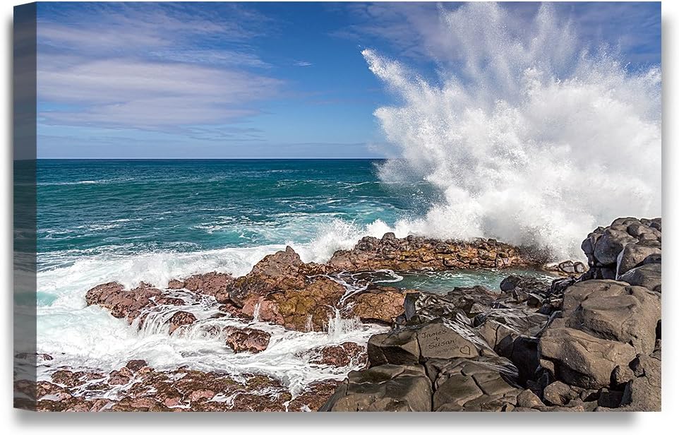 IPIC - Waves crashing at Queen's Bath, Kauai, Hawaii. Personalized Artwork with Names and Date on, Customized Gift for Anniversary,Wedding,Birthday and Holidays. 30x20