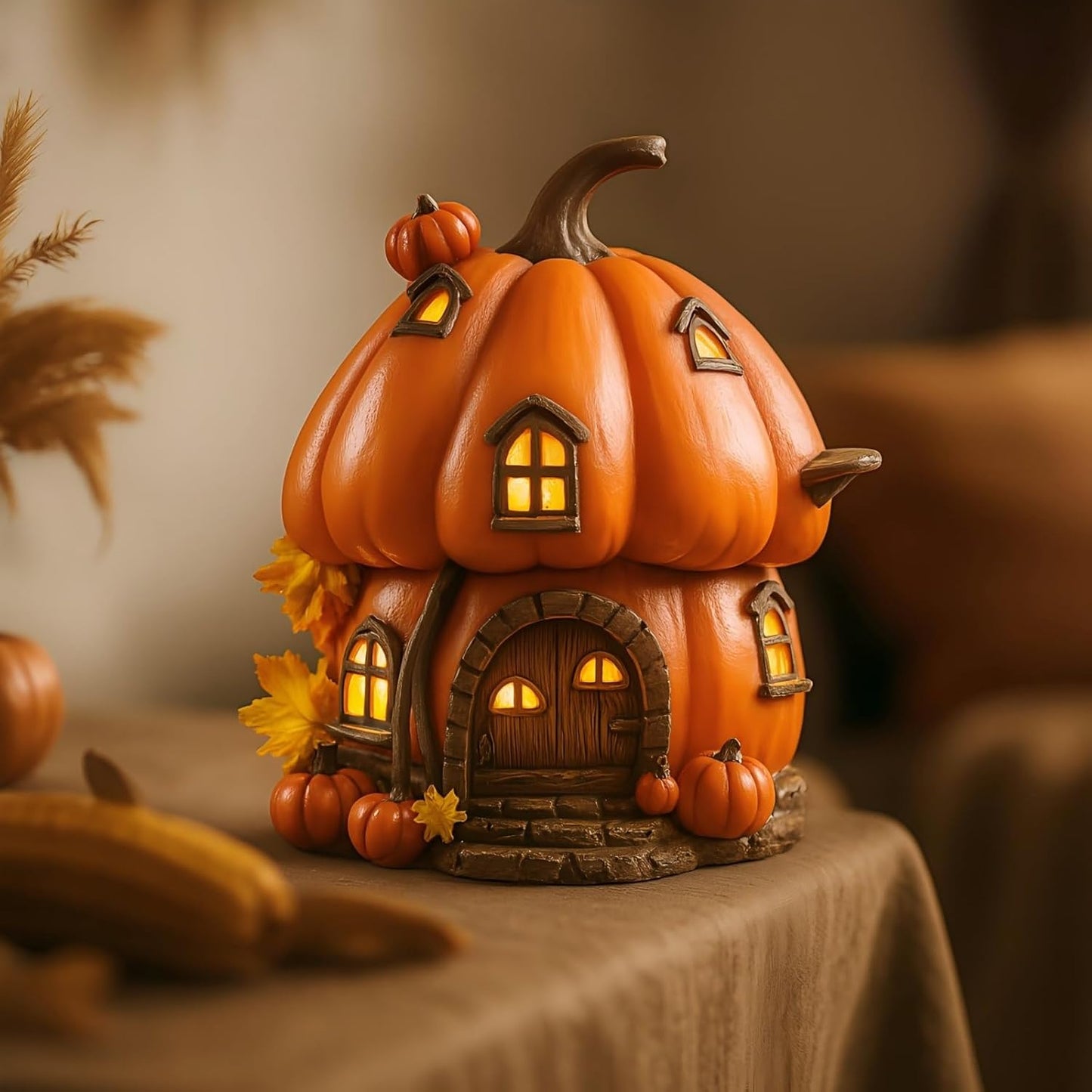 Bdor Fall Pumpkin House Decor with LED Light – 7.5"x6.7"x7.9" Harvest Pumpkin Figurine – Autumn Tabletop Decoration for Thanksgiving, Halloween, Indoor Outdoor Use