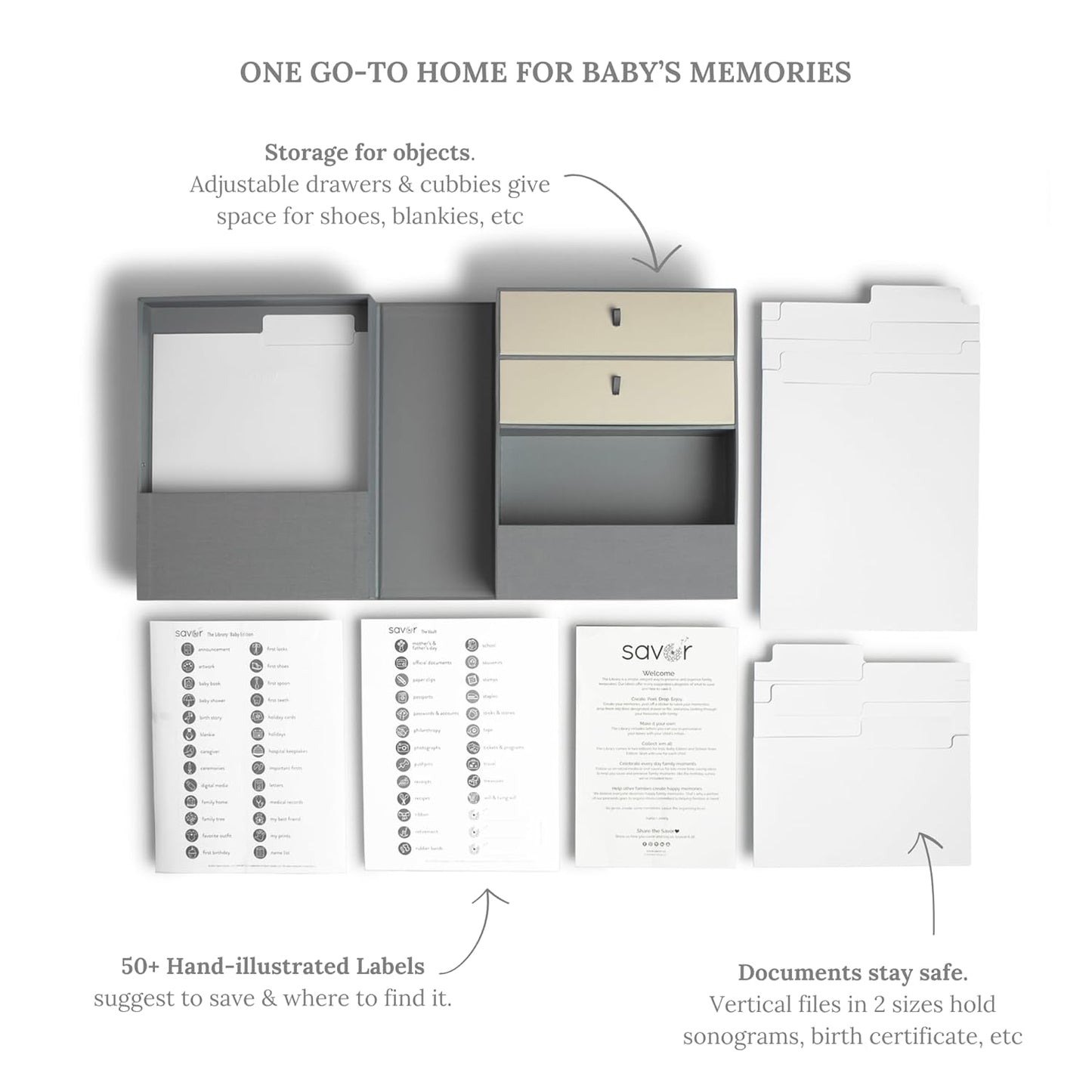 Savor | Personalized Baby Keepsake Organizer Box | Customizable Fabric Bound Acid-Free Modern Minimalist Newborn Memory Box with Labels | for Pregnancy, Mother’s Day, Baby Shower, New Baby Girl & Boy