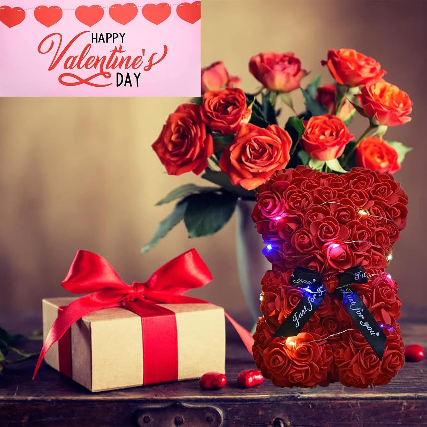 Artificial Rose Flower Bear,Perfect Romantic Gift for Her, Valentine's Mother's Day, Christmas, Birthday,Thanksgiving Party Anniversary Girl Friend Wife with Heart-Shaped Diamond Black Red
