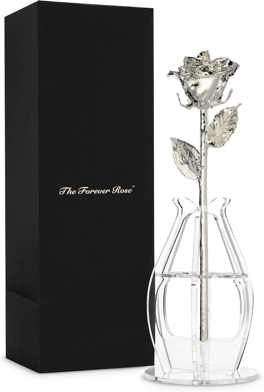Forever Rose Real Rose Dipped in Silver, Handcrafted Preserved Rose in Bloom Box and Phantom Vase, Romantic Gift for Her, Elegant Keepsake for Anniversary, Birthday, or Any Special Occasion