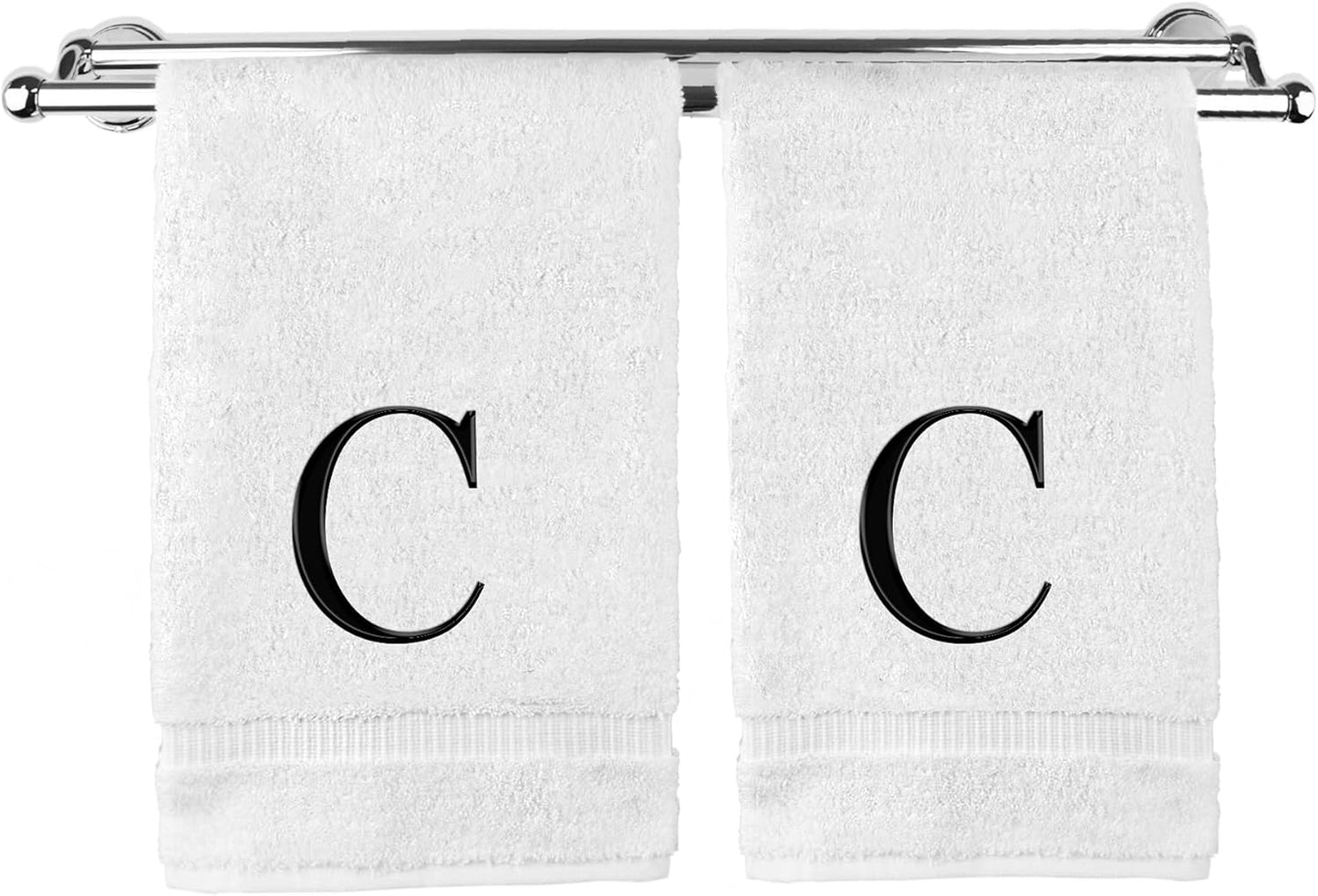 Monogrammed Hand Towel, Personalized Gift, Set of 2- Black Block Letter Embroidered Towel - Extra Absorbent 100% Turkish Cotton - Soft Terry Finish - Initial C White