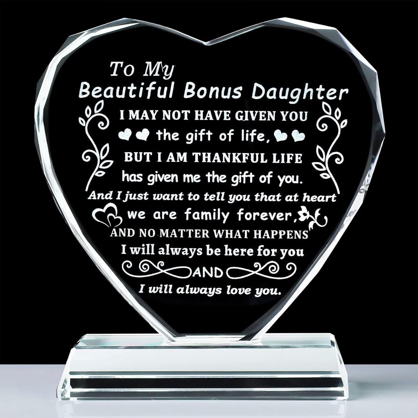 YWHL Bonus Daughter Gifts from Mom Dad, To My Bonus Daughter Heart Shaped Crystal Keepsake, Gifts for Stepdaughter from Stepmom Stepdad on Birthday Christmas Graduation