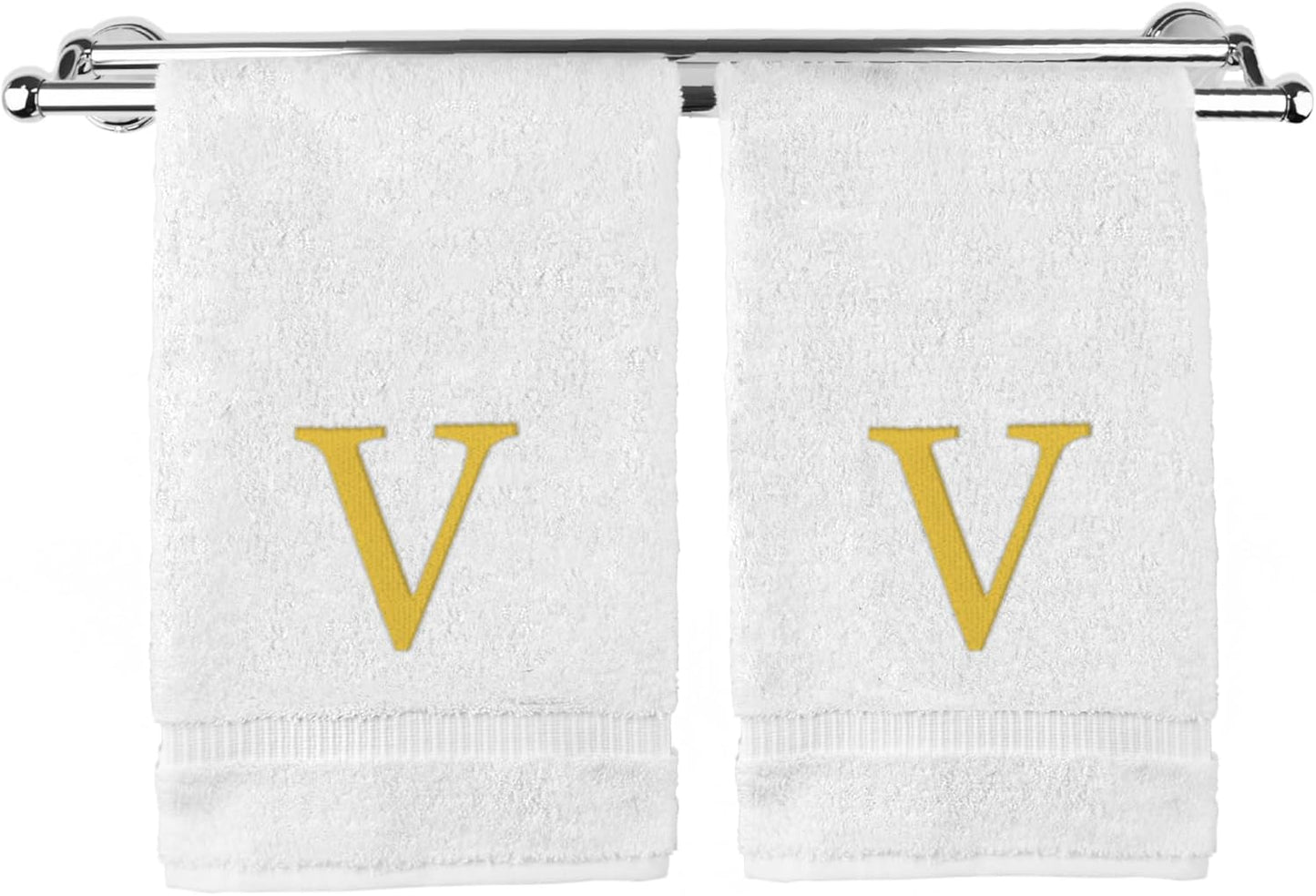 Monogrammed Hand Towel, Personalized Gift, Set of 2- Gold Block Letter Embroidered Towel - Extra Absorbent 100% Turkish Cotton - Soft Terry Finish - Initial V White