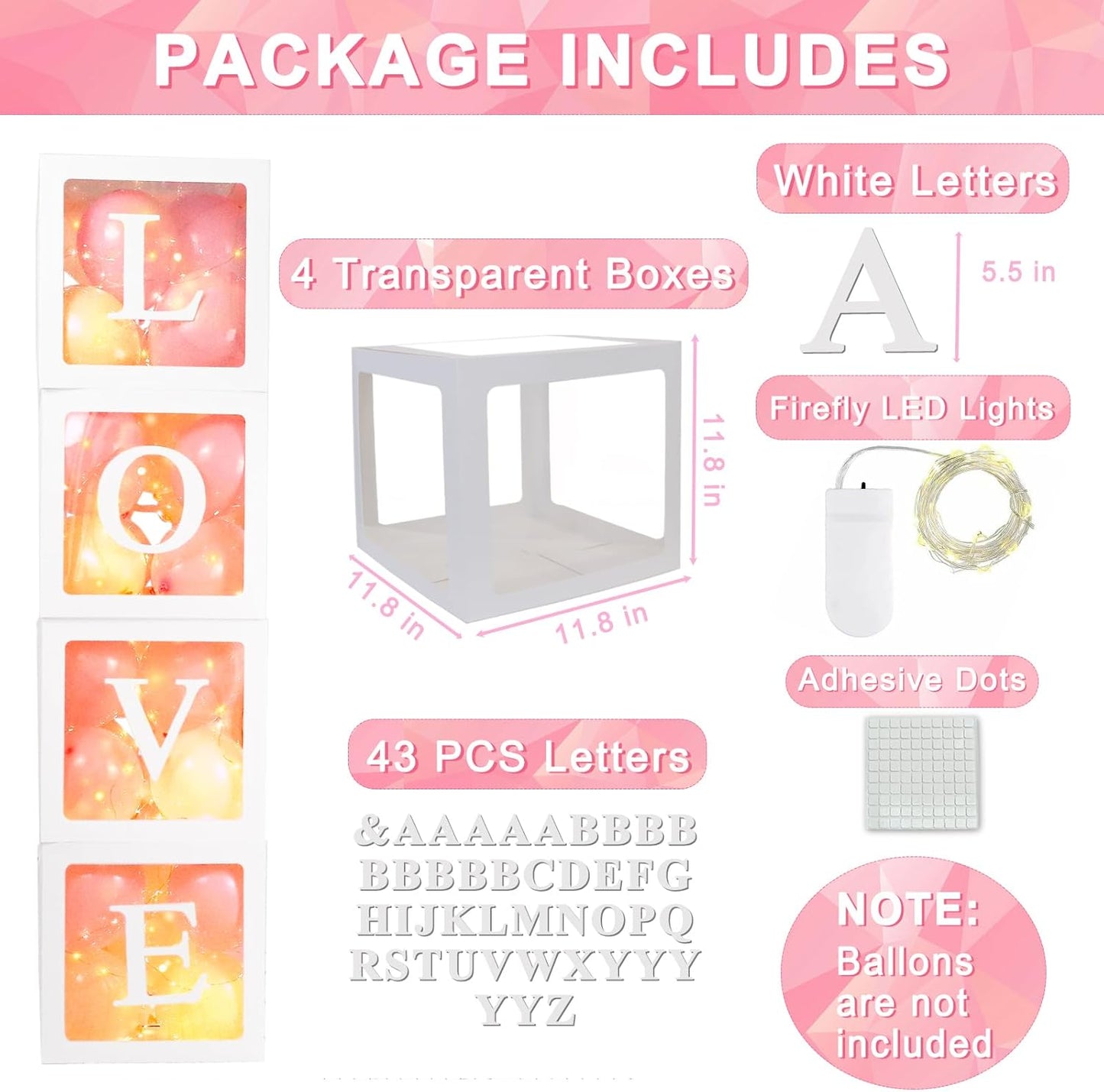 Ledido Baby Boxes with Letters for Baby Shower Decorations, 4 Pcs Transparent Balloon Boxes Blocks with Fairy String Lights, Clear Balloon Boxes for Boy Girl Gender Reveal Party Backdrop (White)