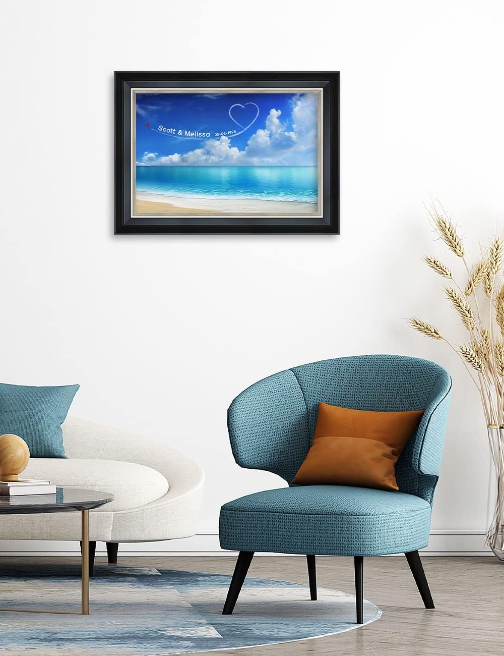 IPIC - Seaside Skywriting Personalized Framed Wall Art with Names and Date on, Giclee Prints with Solid Wood Frame, Customized Gift and Memorial Gifts for Wedding Anniversary.