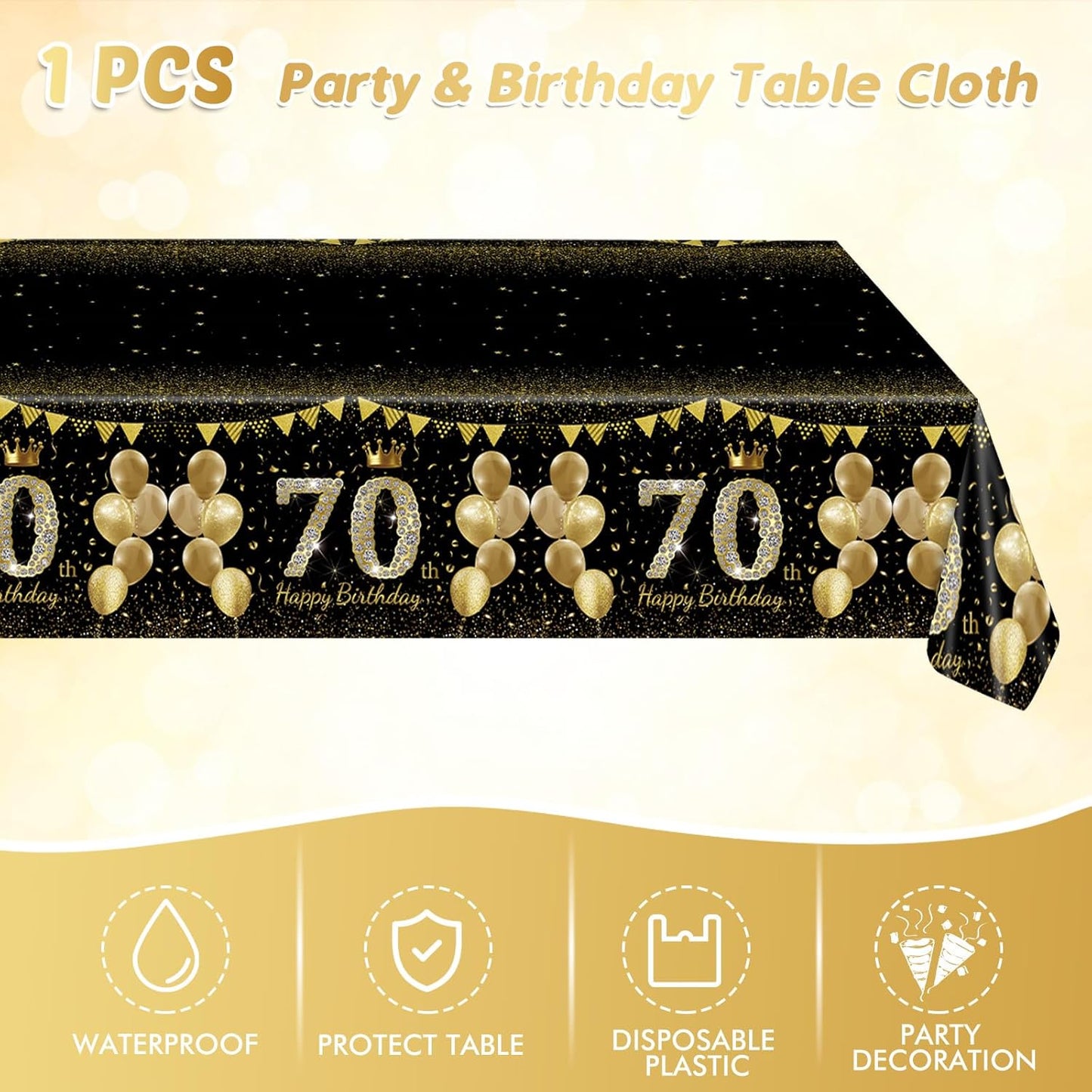 41Pcs 70th Birthday Decorations for Men Women, Black Gold 70 Year Old Birthday Party Supplies Include 20 Plates 20 Napkins and 1 Tablecloth, Black Gold 70 Aged Birth Party Tableware