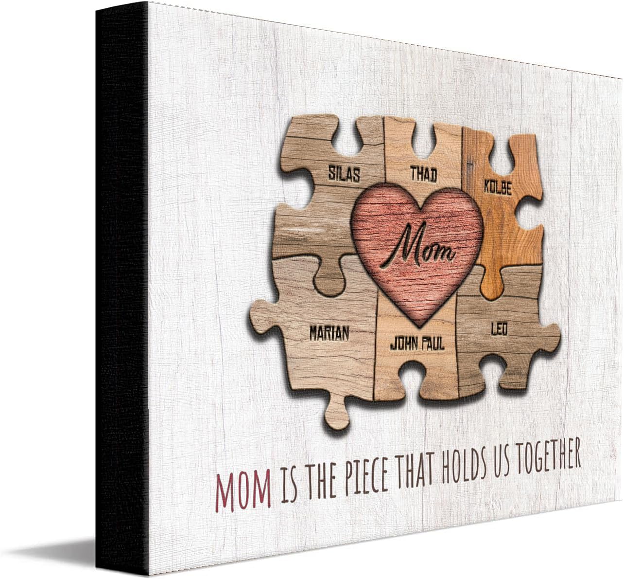 Personal-Prints MOM & Children Personalized HEART Puzzle Wall Art | Unique Customized with up to 8 Names | Mother’s Day, Birthday or Christmas Gift (16"x20" Stretched Canvas, 6 Children)