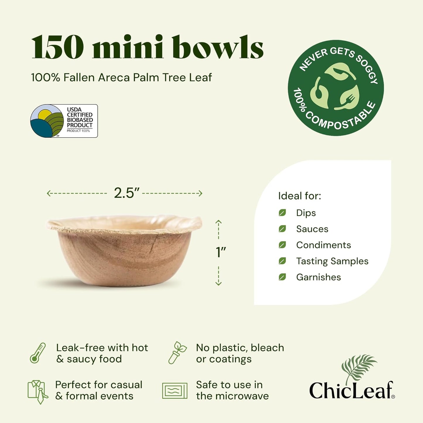 Chic Leaf Palm Leaf Bowls - Mini Disposable Bamboo Bowls for Parties, Event Appetizers - Biodegradable & Compostable Party Supplies (2.5'' Round - 150 Pack)