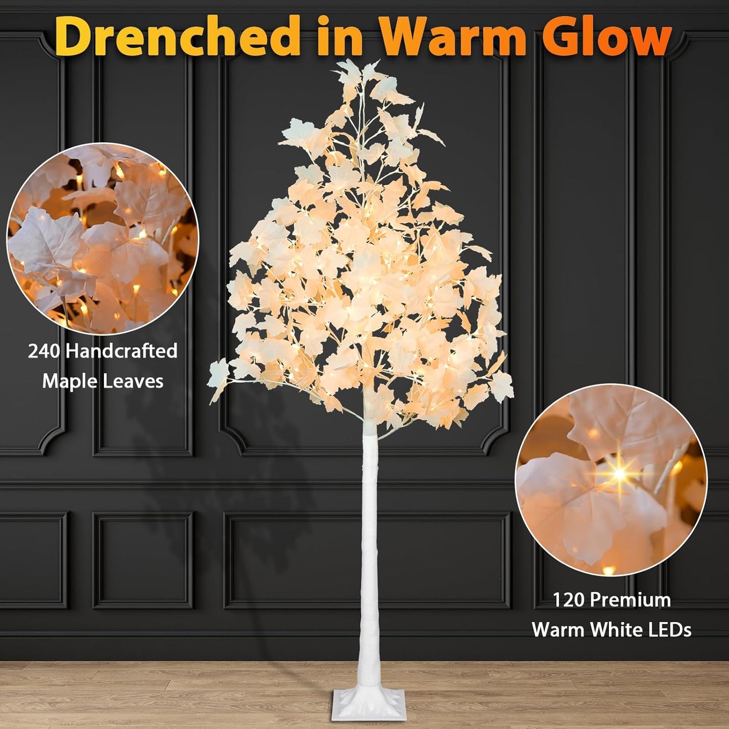 6FT 120LED Artificial Lighted White Maple Tree, Fall Tree with Dual-Tone Lights (Cold & Warm White) Halloween, Thanksgiving, Autumn Harvest Outdoor Indoor Home Decor