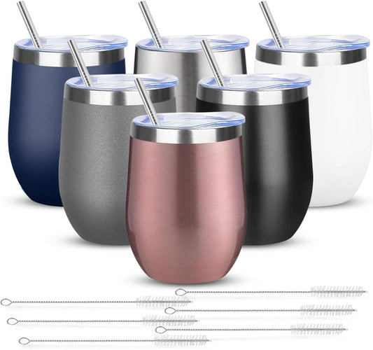 12oz/6 Pack Wine Tumbler Glasses with Lid Stemless Double Wall Vacuum Stainless Steel Travel Tumbler Keeping Cold & Hot for Wine,Coffee,Cocktails,Christmas Drinks-Family and Gifts (Multi color-dark)