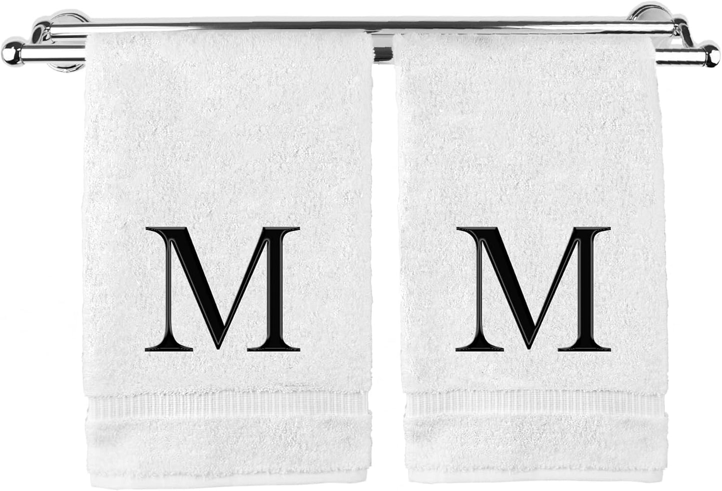 Monogrammed Hand Towel, Personalized Gift, Set of 2- Black Block Letter Embroidered Towel - Extra Absorbent 100% Turkish Cotton - Soft Terry Finish - Initial M White