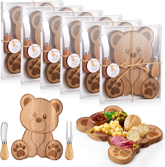 6 Set Baby Shower Prizes Bear Shaped Cheese Board with Cheese Knives and Forks Baby Shower Party Favors Gift Box for Wedding Bridal Birthday Gender Reveal Favor (Acacia Color)