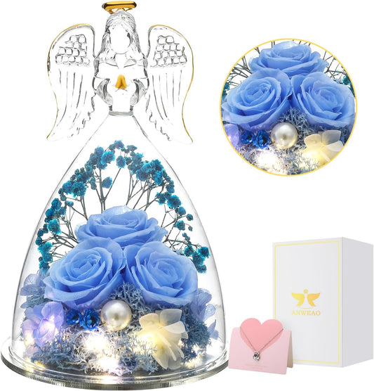 Gifts for Mom, Mothers Day Women's Gift Angel Rose, Blessing Angel Figurines with LED Light Real Rose Gifts for Mom Grandma Wife, Rose in Glass Angel, Mother Anniversary Birthday Gift for Women
