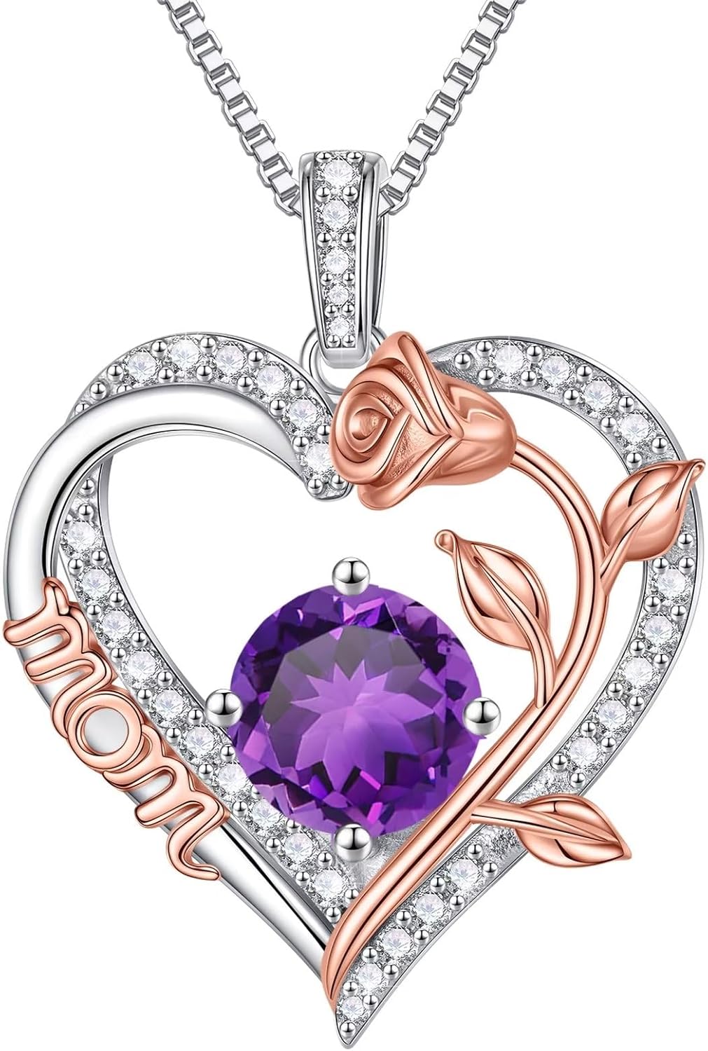 Iefil Gifts for Mom - 925 Sterling Silver Rose Round Birthstone Necklace Christmas Birthday Gifts Jewelry for Her Heart Pendant Necklace for Women Bonus Mom Mother in Law