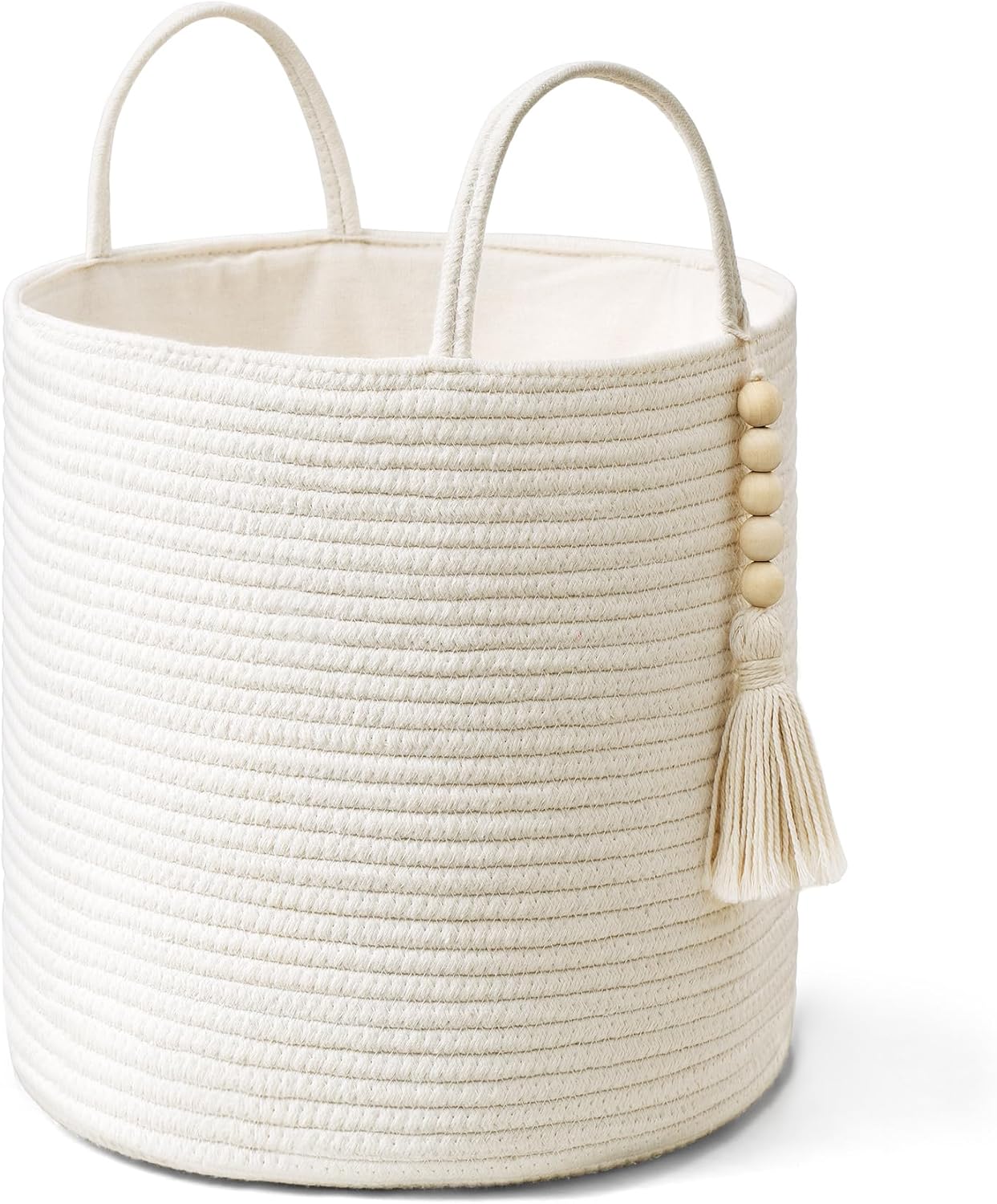 Mkono Woven Storage Basket with Handles Decorative Cotton Rope Basket Wooden Bead Decoration for Blankets,Toys,Clothes,Living Room Home Decor, 11", White