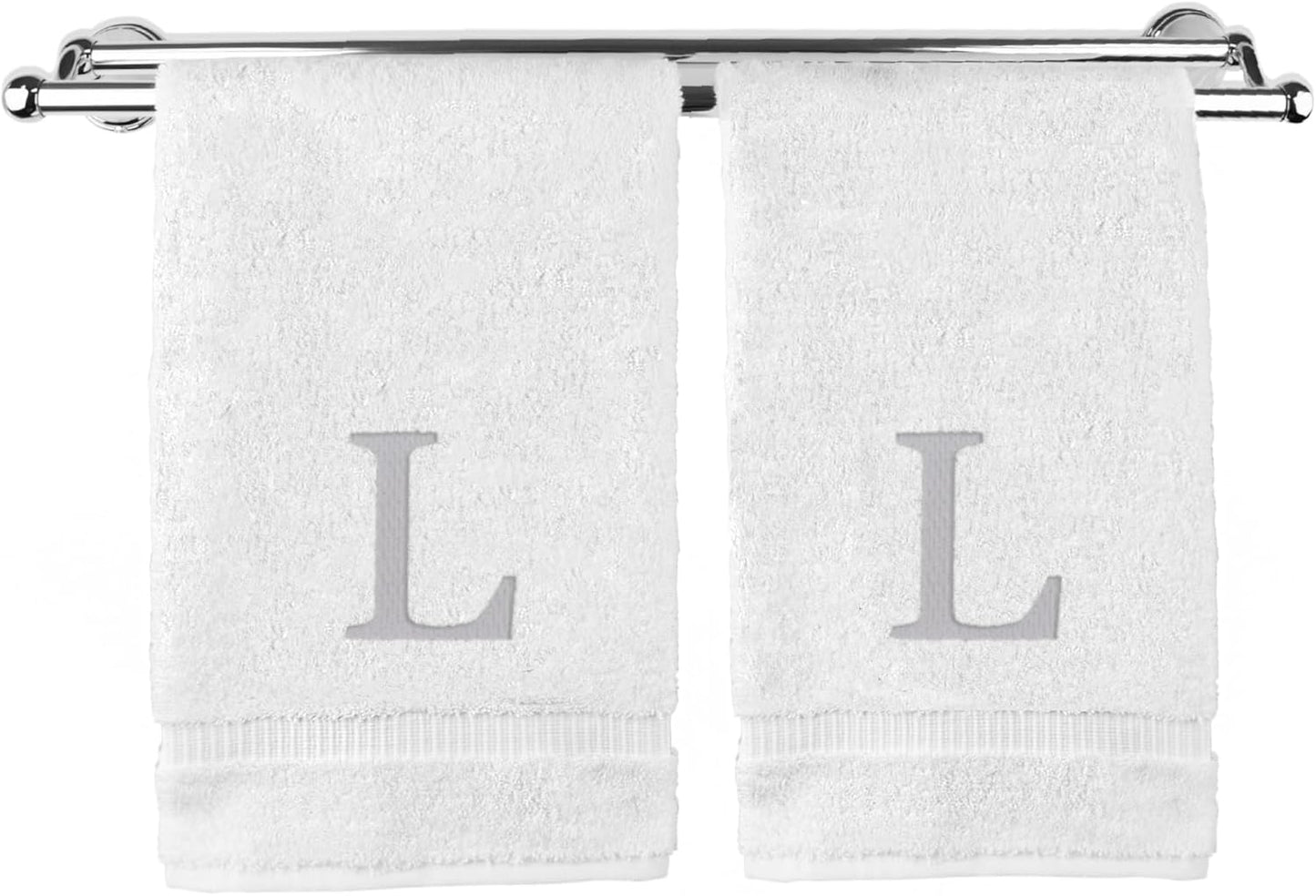 Monogrammed Hand Towel, Personalized Gift, Set of 2- Silver Block Letter Embroidered Towel - Extra Absorbent 100% Turkish Cotton - Soft Terry Finish - Initial L White