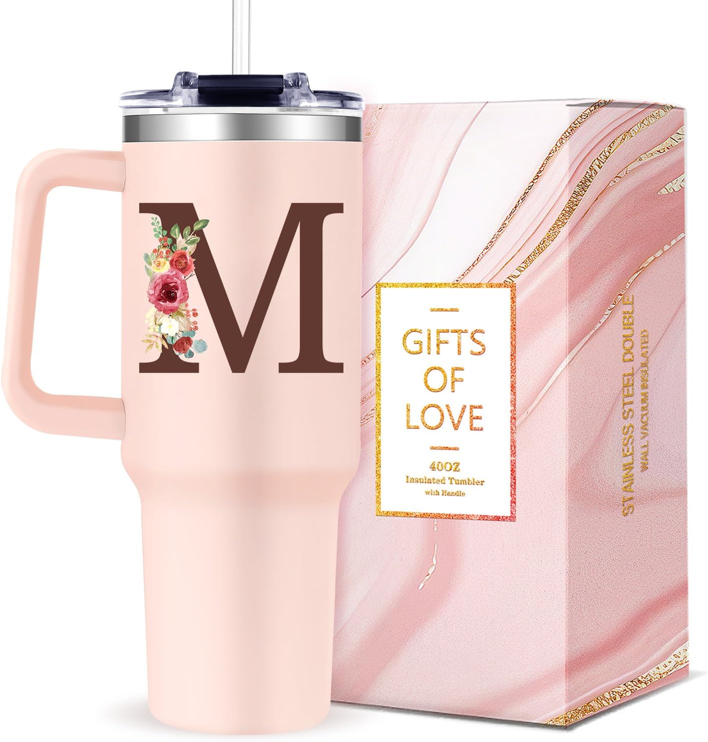 Monogrammed 40oz Tumbler with Handle for Women, Personalized Birthday Gifts for Women,Initial Cups for Woman Floral Letter M,Customized Gifts for Female Lady Gift for Mothers Day Christmas