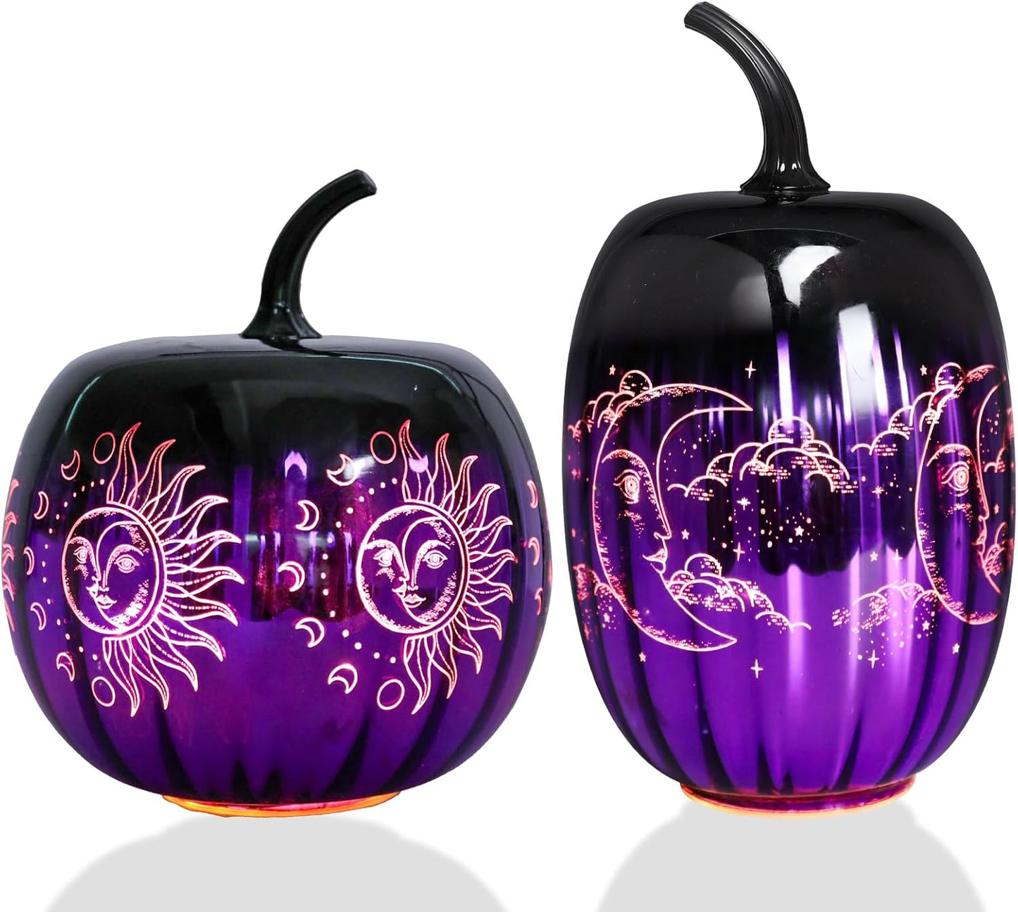 Bdor Halloween Purple Glass Pumpkin Lights Set of 2 – Witchy LED Lighted Pumpkins with Moon & Sun Designs – Spooky Fall Decor for Tabletop, Mantel, or Party Centerpiece