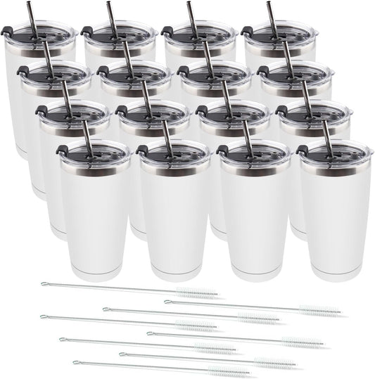 Amtidy 16 Pack 20oz Stainless Steel Tumbler with Lid, Powder Coated Vacuum Insulated Tumbler Cup, With straw and cleaning brushDouble Wall Coffee Tumbler, Powder Coated Travel Mug