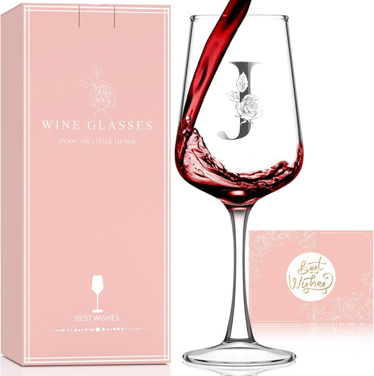 Monogrammed Wine Glass Gifts for Women - Personalized A-Z Wine Glasses with Gift Box & Greeting Card | Custom Mothers day, Anniversary, Birthday Gifts for Her, Mom, Wife, Best Friend, Sister,Woman (J)