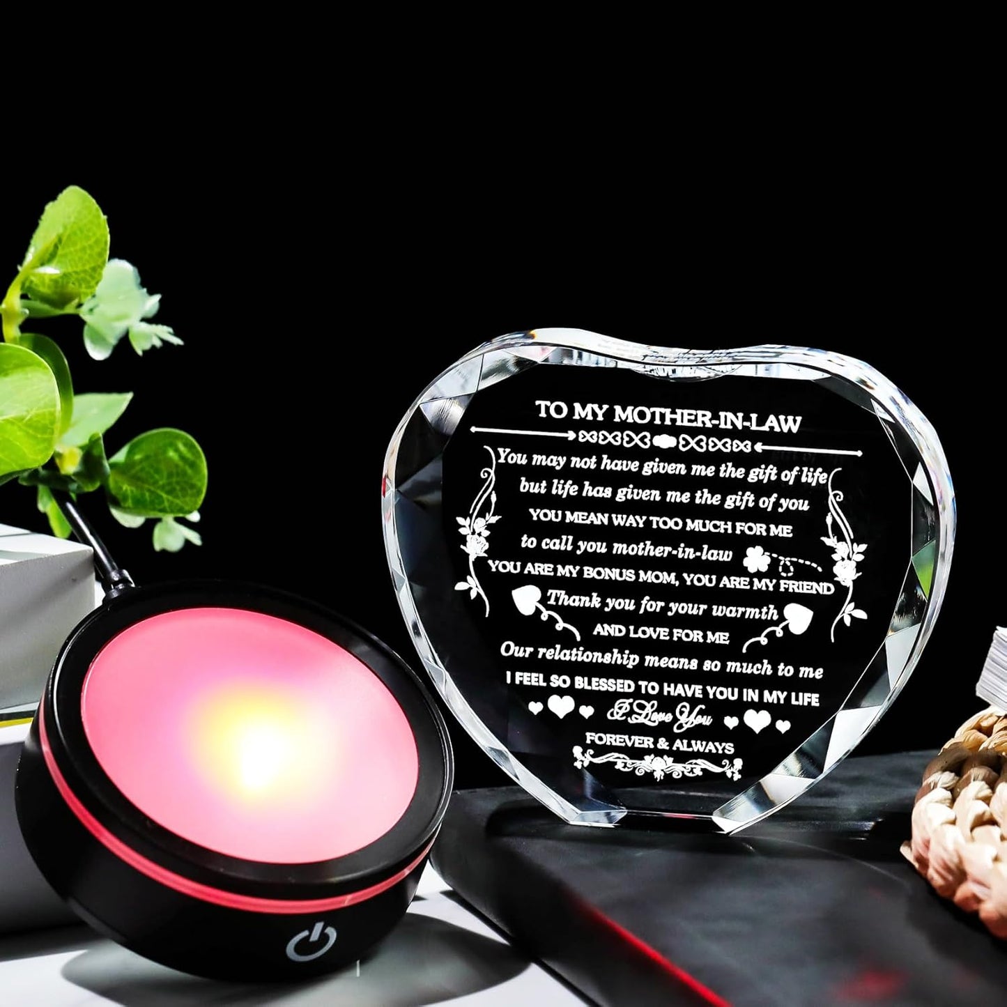 Gifts for Mother in Law with Colorful LED Base Unique Crystal Heart to My Mother in Law Mothers Day Christmas Birthday Gift Best Bonus Mom Gifts from Daughter/Son in Law