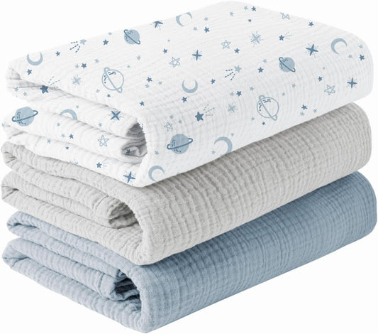 Konssy 3 Pack Muslin Swaddle Blankets for Unisex, Newborn Receiving Blanket, Large 47 x 47 inches, Soft Breathable Muslin Baby Swaddles for Boys & Girls