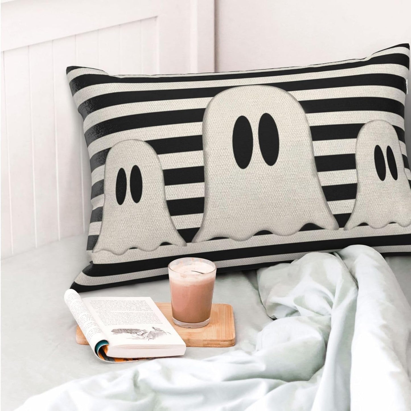 Halloween Pillow Covers 12x20 Set of 2 Black Stripe Cute Ghost Throw Pillcase Decorative Cushion Case for Couch Sofa Outdoor Decor