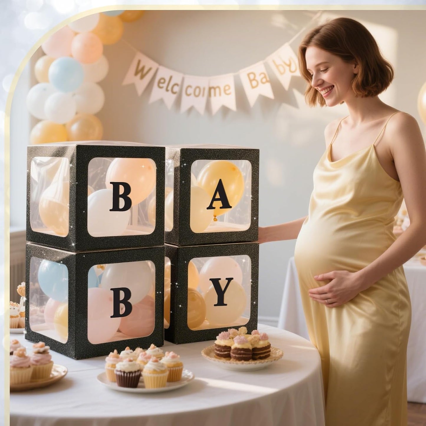 Ledido Baby Boxes with Letters for Baby Shower Decorations, 4 pcs Clear Baby Balloon Boxes for Baby Shower Decor with Letters for Boy Girl Gender Reveal Decorations Backdrop Party (Black Glitter)