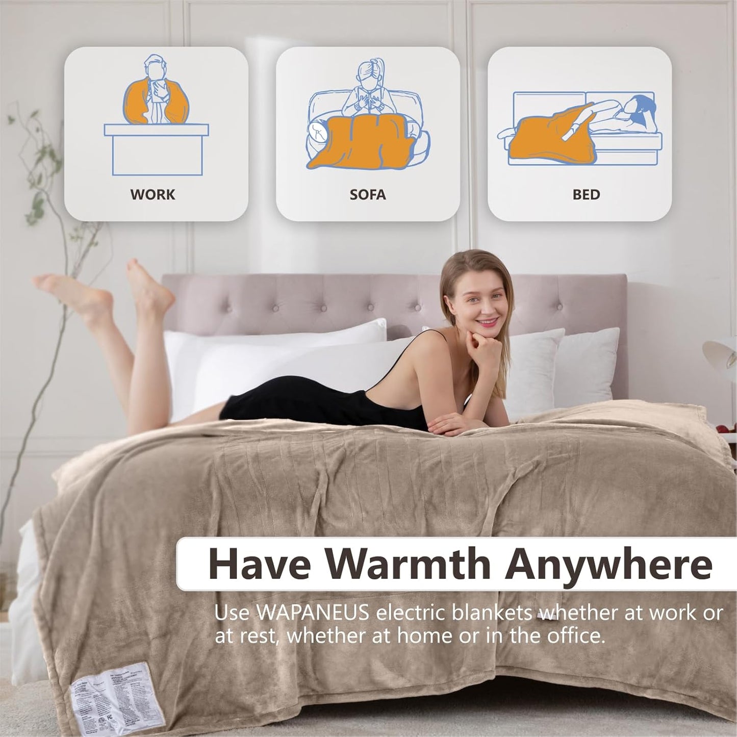 Wapaneus Electric Blanket 62”x84” Flannel Heated Blanket Twin Size with 5 Heating Settings 10 Hours Auto-Off, Fast-Heating, ETL Listed, Machine Washable, Mushroom